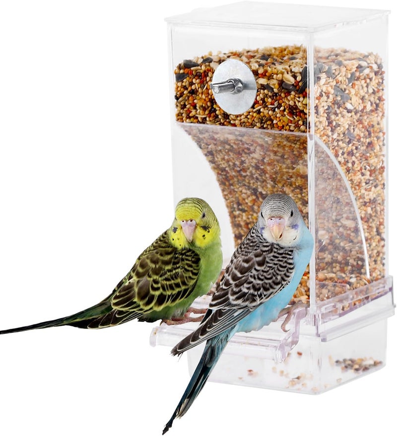 IBWell No Mess Automatic Bird Feeder for Cage - Parrot Feeder Inside Cage With Clear Perch and Acrylic Seed Food Container - Image 1